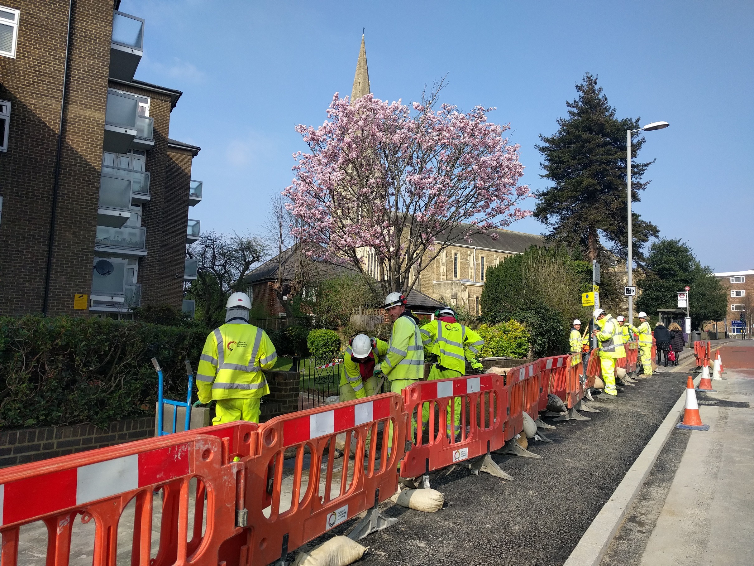 New cycling lane in construction in Surbiton