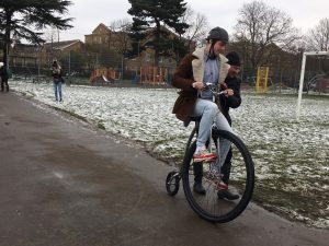 Surbiton residents braved the chilling March temperatures to ride on the oldest high-wheelers