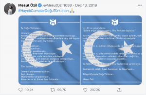 Mesut Ozil tweeting to spread awareness about China's treatment of the Uyghurs. Photo: Twitter