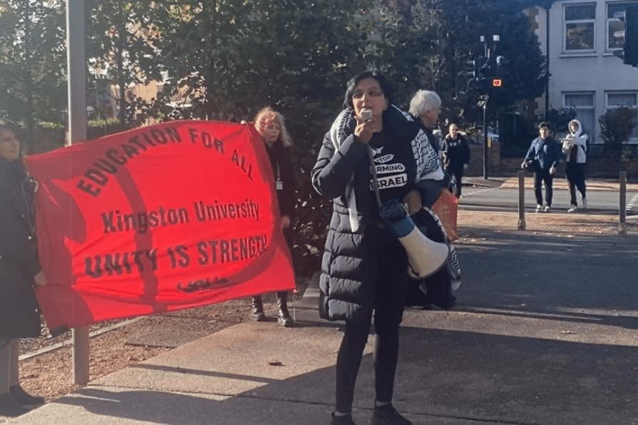 Ayesha Shah speaking outside Kingston University