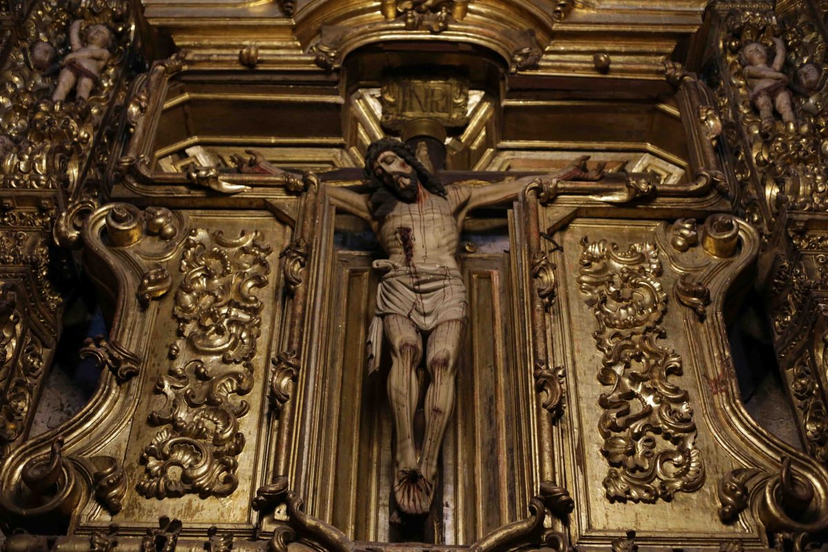 A wooden Jesus crucified on the cross in the Metropolitan Cathedral in Mexico City