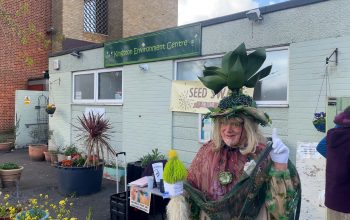Des Kay, also known as 'The Green Man', outside the Kingston Environment Centre on Seedy Sunday