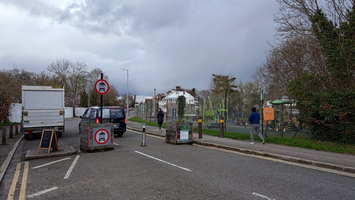 The King Charles Barrier with a playground in the background.